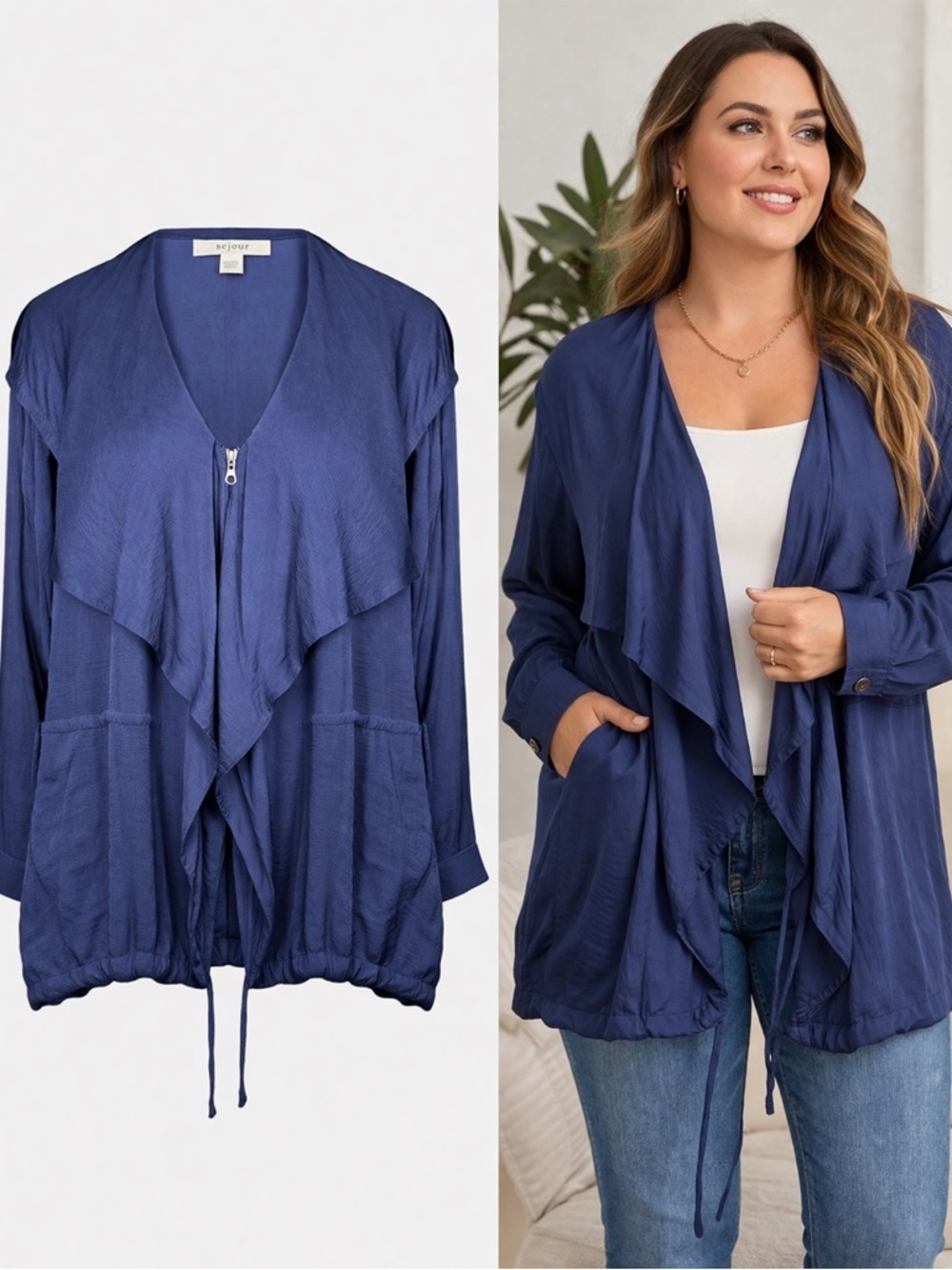 Sejour | Blue Hooded Zip Front Jacket | Lightweight Flowy | Size 1X